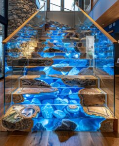 A staircase made of glass and wood, featuring an intricate pattern inspired in the style of flowing water with vibrant blue hues. The staircase is set in the interior design style of modern home architecture, showcasing natural elements like river rock at the base for texture. It has clear panels that reflect light to create dynamic shadows on the wooden steps, adding depth to its overall appearance. This artistic creation creates an enchanting atmosphere within the house's interior space.
