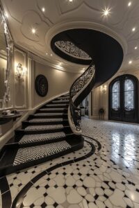 A winding grand staircase in the front room of a house designed by architect Norbert Soulié featuring black and white tile flooring