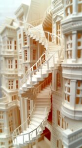 Origami paper model of architecture impossible dimensional stairwell maze with unspeakable sorrow and disappointment and disparity in a nyc street.