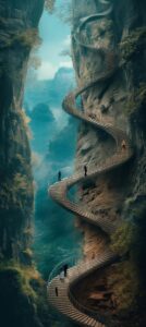 Photo of a winding staircase with people climbing up a mountain to enlightenment