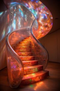 A luminescent spiral staircase with clear panels that reflect light to create a stunning orange and blue appearance.