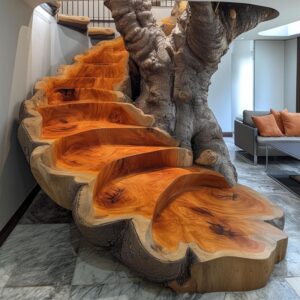 A wood log tree trunk spiral staircase.