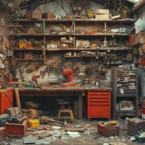 A chaotic, abandoned workbench, tools scattered.