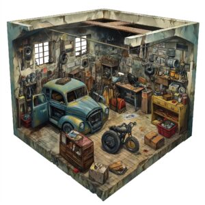 An isometric view of an old mechanic car shop as it would appear in a Salvador Dali painting.