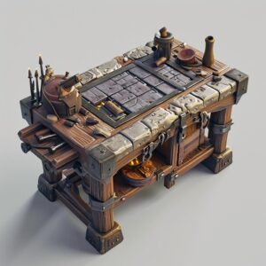 An isometric view of a medeival workbench.