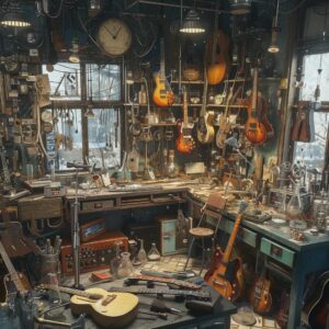A cluttered workshop of either a guitar wannabe or a mad scientist.