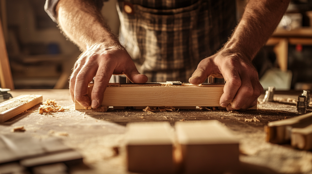 Woodworker clamping a glued 2x4 base frame assembly on a workbench