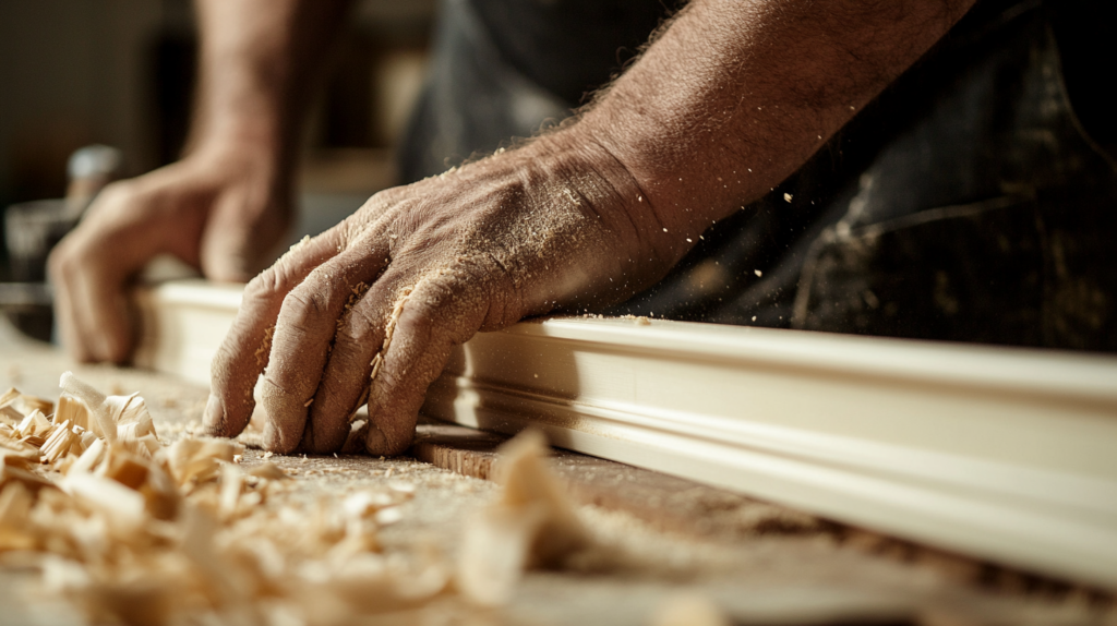 Close-up of weathered carpenter's hands using a coping saw to cut along the mitered profile of a white baseboard
