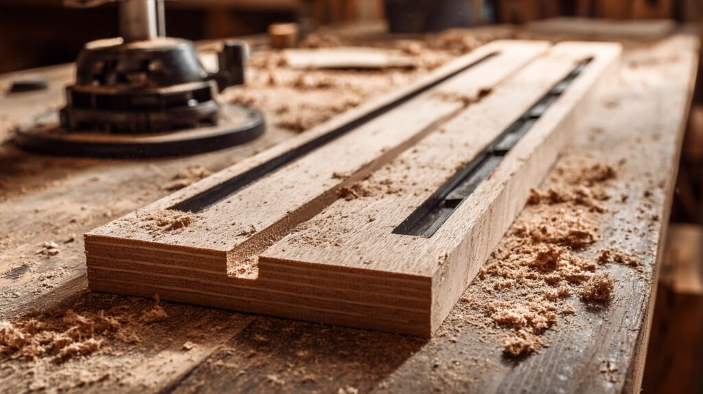 Homemade plywood door hinge mortising jig with metal guide strips on a woodworking workbench