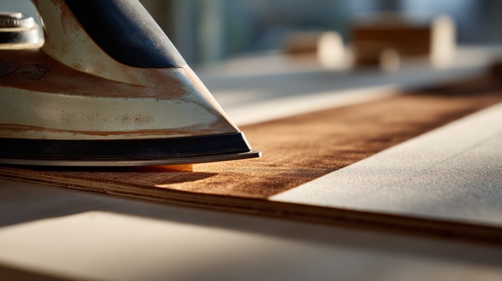 Applying iron-on maple edge banding to a plywood panel edge using a household iron
